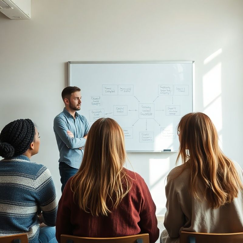 Faculty member teaching a structured framework at a whiteboard
