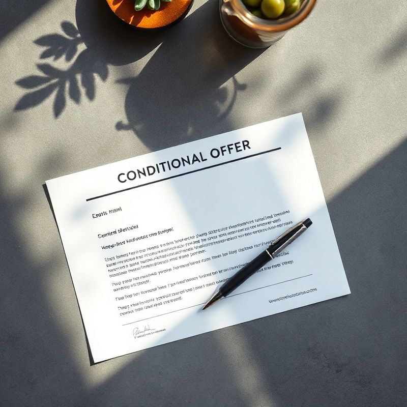 A printed conditional offer letter and pen on a desk